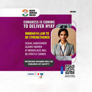 Image promoting Congress's Nyay Patra with focus on women's safety and the Nirbhaya Law.