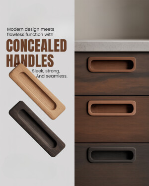 Close-up of modern concealed cabinet handles in wood tones