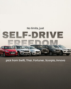 Lineup of Maruti Suzuki cars including Swift, Thar, Fortuner, Scorpio, and Innova with the tagline 'Self-Drive Freedom'
