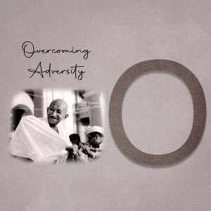 Image depicting Mahatma Gandhi with the word 'Overcoming' and a large letter 'O'.