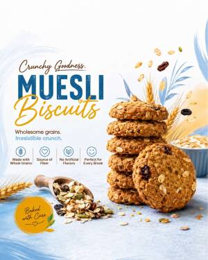 A stack of healthy muesli biscuits next to a scoop of grains on a textured light blue background.