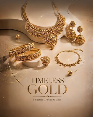 A luxurious collection of traditional gold jewelry, including a necklace, bangles, jhumkas, a ring, and a bracelet, displayed elegantly on a cream-colored surface.