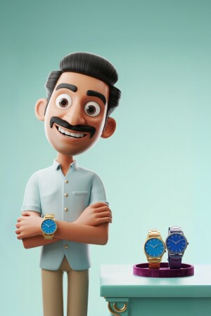 3D rendering of a smiling man with two watches on display