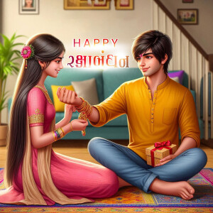 A brother and sister celebrating Raksha Bandhan, tying a rakhi.