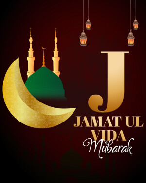 Islamic greeting card for Jamat Ul Vida Mubarak with mosque and crescent moon