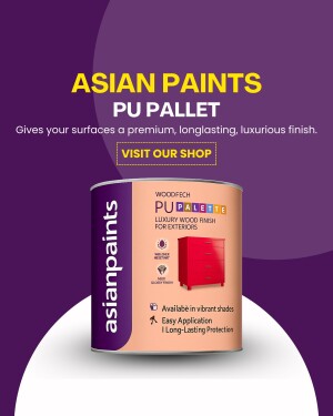 Asian Paints PU Palette product advertisement featuring a can of wood finish and a red cabinet.