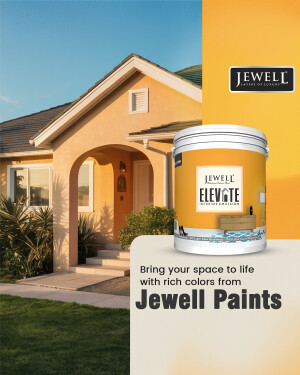 Advertisement for Jewell Paints featuring a house painted in a warm yellow tone and a paint bucket.