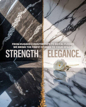 A creative split-screen advertisement featuring black and white marble surfaces with a white flower and text about stone countertops and floors.