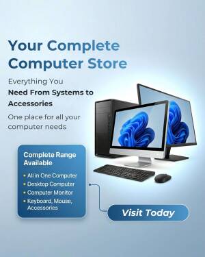 An advertisement for a computer store showcasing desktop computers, monitors, and peripherals with a text overlay about their complete product range.