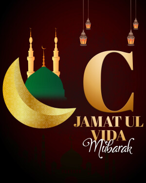 Islamic greeting card with crescent moon, mosque, and text 'Jamat Ul Vida Mubarak'