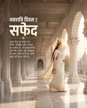 A woman dressed in traditional white clothing walking through a marble temple corridor, representing Navratri Day 2