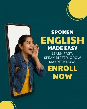 Woman speaking into a phone promoting Spoken English classes
