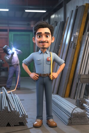 Cartoon illustration of a smiling welder in a workshop