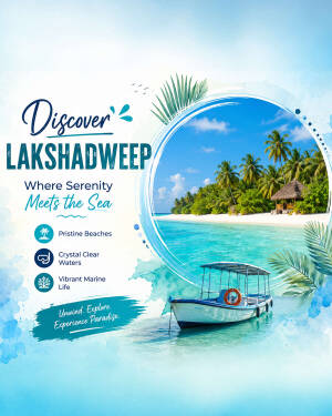 A travel poster for Lakshadweep showcasing a tropical beach, clear turquoise waters, and a boat, with the text 'Discover Lakshadweep: Where Serenity Meets the Sea'
