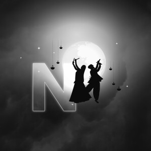 Silhouette of a couple dancing Garba during Navratri festival with a large letter N and a full moon backdrop.