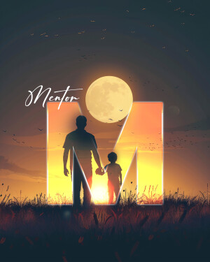 Silhouette of a father and son walking towards a glowing letter 'M' under a full moon.