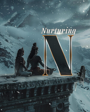 Lord Shiva and Parvati with a large letter N in a snowy mountain landscape