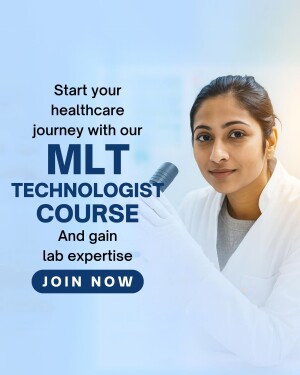 Woman in a lab coat holding a test tube promoting an MLT Technologist course.