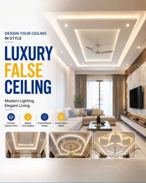 Modern living room interior featuring professional luxury false ceiling designs with cove lighting and premium finishes.