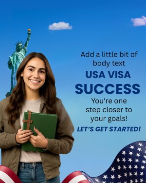 Young woman holding documents with the Statue of Liberty in the background, promoting USA visa services.