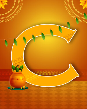 Decorative letter C with orange and yellow floral elements, pot and garland.