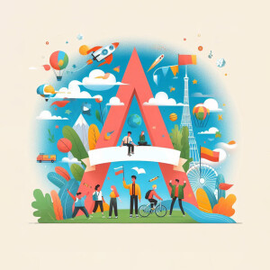 Illustration of a large red letter 'A' with people and travel landmarks inside and around it.