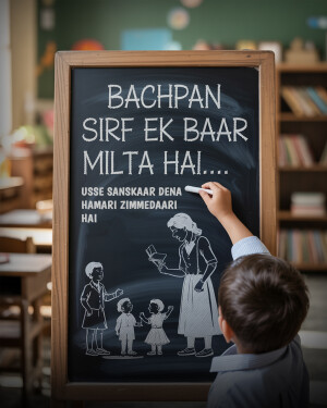 A child writing on a chalkboard with a drawing of a teacher and students.
