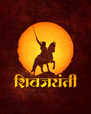 Silhouette of Shivaji Maharaj on horseback against a vibrant orange sun with 'Shiv Jayanti' text.
