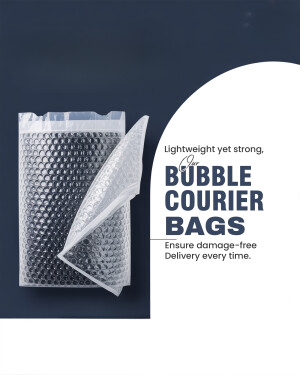 Image of bubble courier bags with text highlighting their lightweight strength and damage-free delivery.