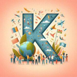 Illustration of a large letter 'K' filled with symbols of learning, global unity, and progress.