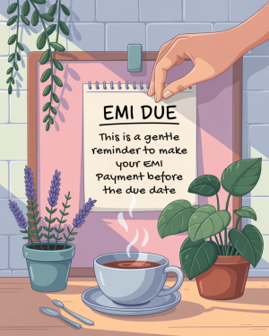 Illustration of a hand pinning an EMI due reminder note to a board with a coffee cup and plants.