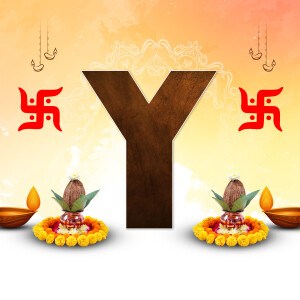 Letter Y with Diwali decorations including Swastik and traditional pots