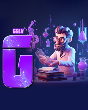 Cartoon illustration of a scientist with a glowing 'G' and laboratory equipment.