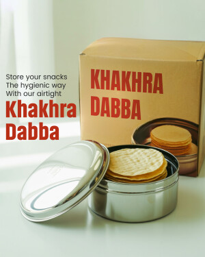 A cardboard box and a stainless steel container filled with Khakhra snacks.