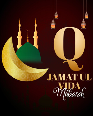 Islamic greeting card with crescent moon, mosque, and the letter Q