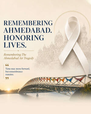 A memorial poster for the Ahmedabad air tragedy with a white ribbon and the Atal Pedestrian Bridge in the background.