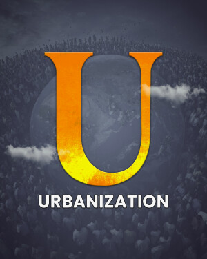 Poster for the documentary film 'Urbanization' featuring a large letter U and a crowd of people.