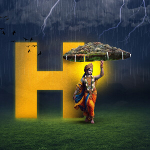 Lord Krishna lifting Govardhan Hill during a storm