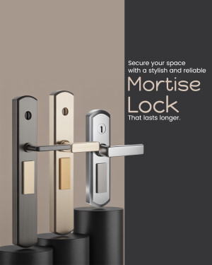 Three mortise locks in different finishes displayed on black pedestals.