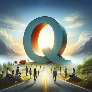 Large letter Q with people walking towards it in a landscape