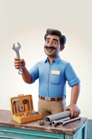 Cartoon illustration of a smiling plumber holding a wrench with tools and pipes nearby.