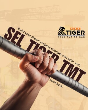 A hand firmly gripping a SEL TIGER TMT rebar, symbolizing strength and reliability.