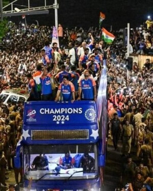 Mumbai Indians cricket team celebrating their championship win with a parade and fans.