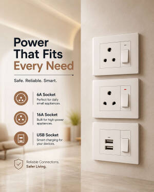 Various types of wall-mounted electrical sockets including power, high-power, and USB ports in a modern interior