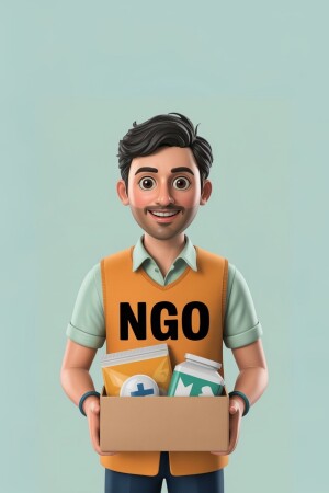 3D rendering of a male volunteer holding a box of supplies with 'NGO' written on his vest.