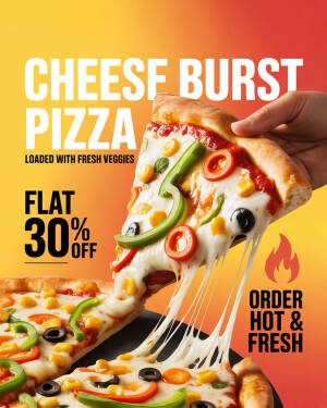 A slice of cheese burst veggie pizza being lifted by a hand with a 30% discount offer