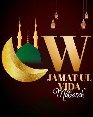 Islamic greeting card with mosque, crescent moon, and text 'Jamat Ul Vida Mubarak'