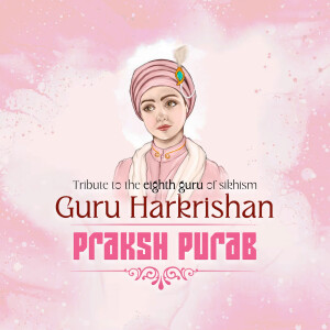 Portrait of Guru Harkrishan with text 'Prakash Purab'
