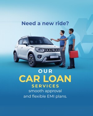 Image of a man handing car keys to another man with a new car and car loan advertisement.