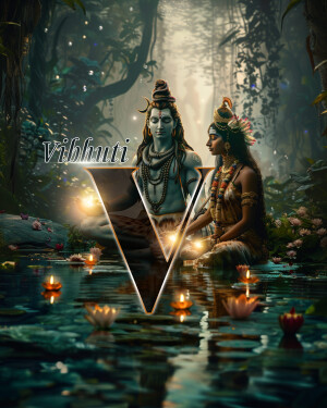 Digital art depicting Lord Shiva and Goddess Parvati in a mystical forest setting.